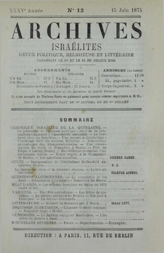 Archives israélites de France. Vol.35 N°12 (15 juin 1874)